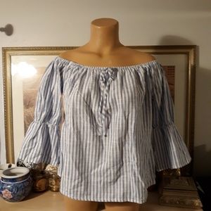 Off Shoulder  Blue & White Striped Top VGC